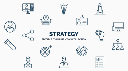 concept of strategy web icons in outline style. thin line icons such as meeting, startup, visitor, responsive, strategy, collaboration, handshake, businessman, resume vector.