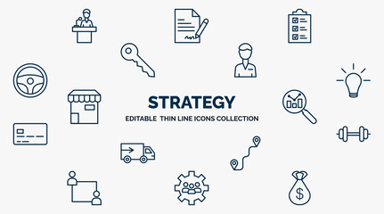 concept of strategy web icons in outline style. thin line icons such as speech, planning, manager, creativity, analysis, strength, path, teamwork, money bag vector. - obrazy, fototapety, plakaty
