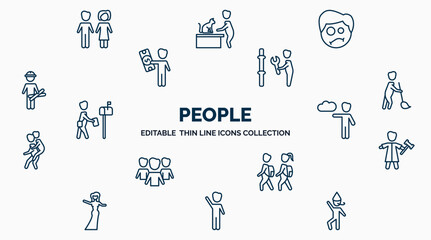 concept of people web icons in outline style. thin line icons such as woman and man partners, confused smile, plumber working, sweeper working, weathercaster, judge with hammer, children in school,