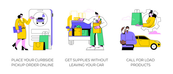 Curbside pickup abstract concept vector illustration set. Place your curbside pickup order online, get supplies without leaving car, call for load products, contactless payment abstract metaphor.
