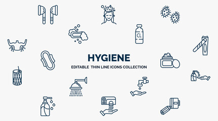 concept of hygiene web icons in outline style. thin line icons such as ear buds, microbes, chlorine, nail clippers, face cream, gel, scrub up, hand dryer, appointment book vector. - obrazy, fototapety, plakaty