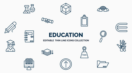 concept of education web icons in outline style. thin line icons such as florence flask, basic rainbow, blank clipboard, is an element of, magnification lens, hand care, , top, black folder vector.