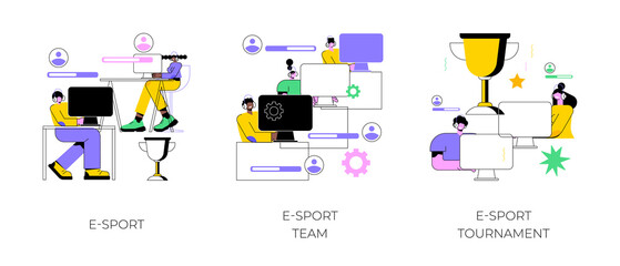 Cybersport abstract concept vector illustration set. E-sport team and tournament, multiplayer video game, esports championship, gaming arena, online sport, player fan support abstract metaphor.