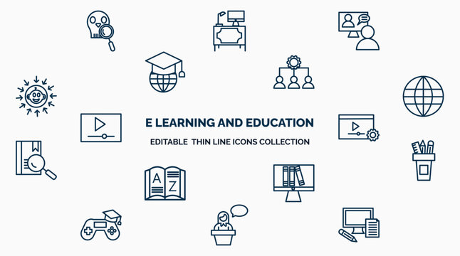 concept of e learning and education web icons in outline style. thin line icons such as paleontology, online coaching, sociology, international, tutorial, pencil box, online library, lecture,