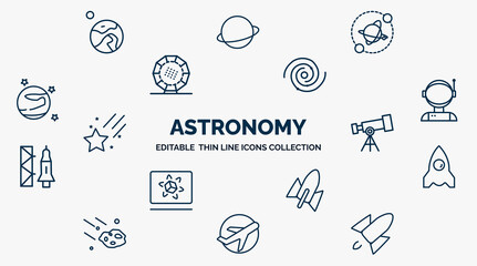 concept of astronomy web icons in outline style. thin line icons such as earth and moon, planets, black hole, astronaut ingravity, telescope pointing up, space ship, rocket start, aerospace, rocket © IconArt