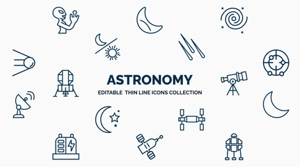 concept of astronomy web icons in outline style. thin line icons such as extraterrestrial, nebula, meteor shower, radar pointing up, big telescope, big moon, space station, space module, space