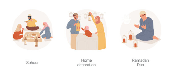 Ramadan isolated cartoon vector illustration set. Islamic festival, family having iftar meal, Sohor celebration, home decoration, Ramadan Dua prayer, holy days in mosque vector cartoon.