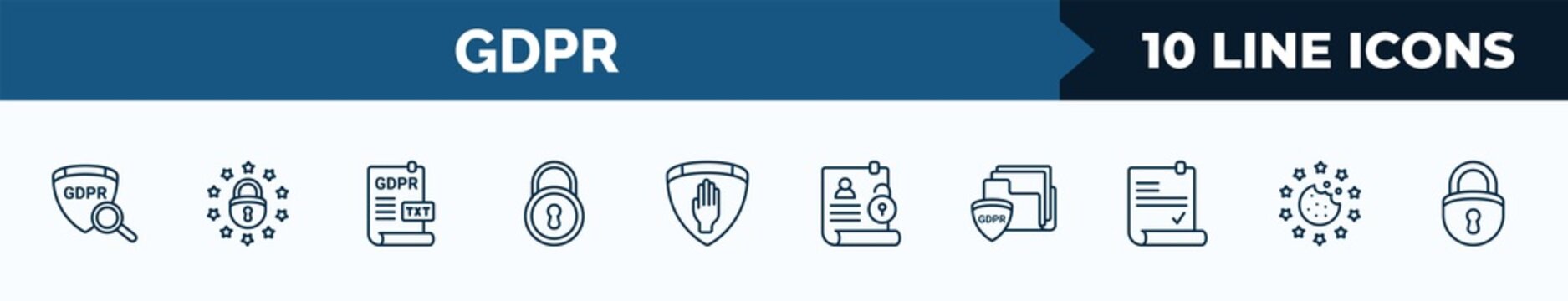 set of 10 gdpr web icons in outline style. thin line icons such as transparency, eu, text file, key, right to objection, right to access, portfolio, cookie vector illustration.