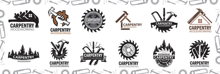 Vector logo of carpentry workshop and woodwork - obrazy, fototapety, plakaty