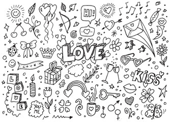 Cartoon style love doodles, different hand drawn vector elements
