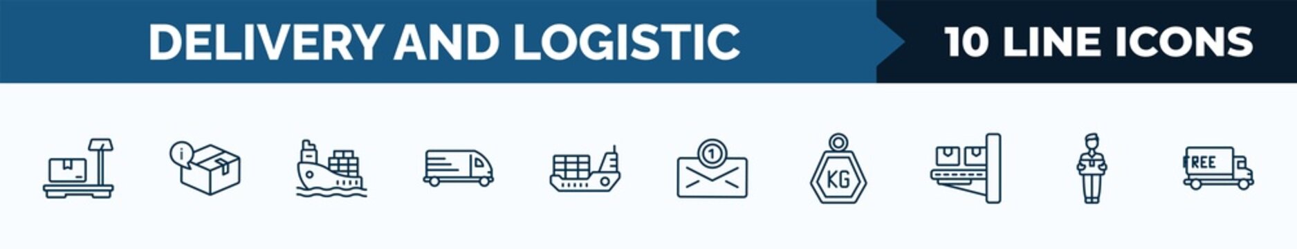 set of 10 delivery and logistic web icons in outline style. thin line icons such as delivery weighing, delivery info, ship by sea, cargo bus, logistic ship, air mail, weight, man vector