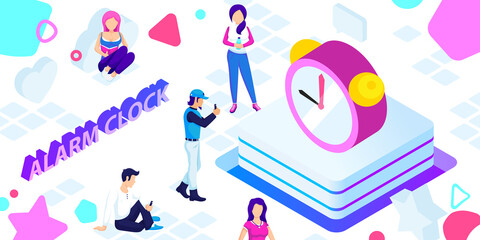 Alarm clock isometric design icon. Vector web illustration. 3d colorful concept