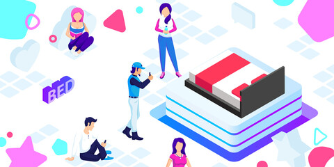 Bed isometric design icon. Vector web illustration. 3d colorful concept