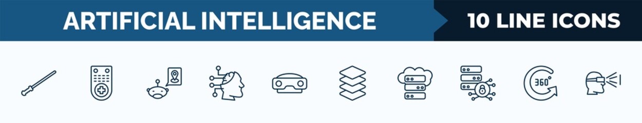 set of 10 artificial intelligence web icons in outline style. thin line icons such as ar wand, remote control, geolocation, availability, stereoscope, layers, storage, 360 degree vector