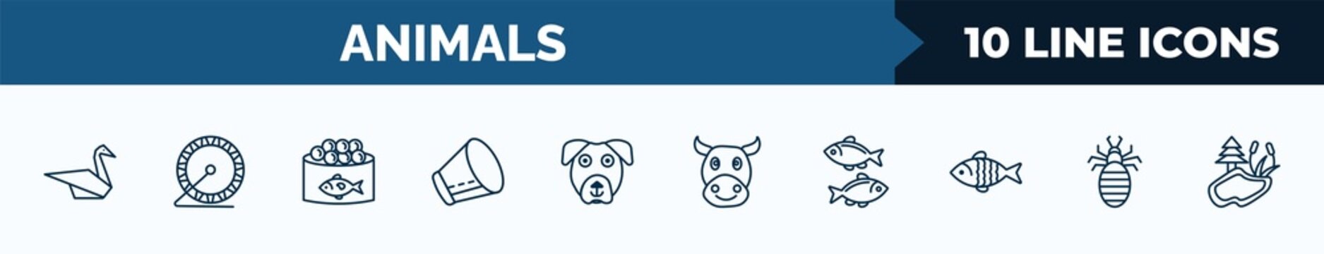 set of 10 animals web icons in outline style. thin line icons such as origami swan, hamster ball, caviar, elizabethan collar, boxerhead, cows, two golden carps, louse vector illustration.