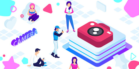 Camera isometric design icon. Vector web illustration. 3d colorful concept