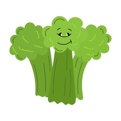 Cute happy broccoli vegetable kawaii character. Colorful design for cards, banners, shopping bag, t-shirt, apparel, clothes,. Funny doodle style emoticons. Flat icon isolated on white background.
