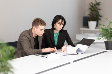 Businessman and businesswoman meeting in modern office working on laptop, business meeting