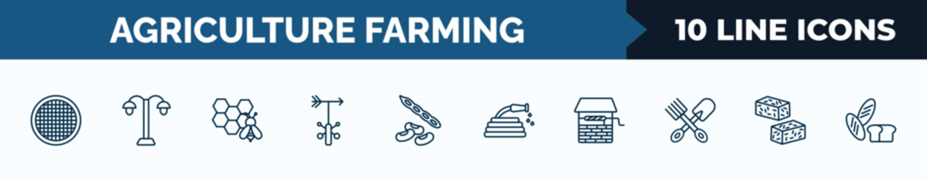 set of 10 agriculture farming web icons in outline style. thin line icons such as riddle tool, lamppost, honeycomb, weather vane, legume, hose, water well, bale of hay vector illustration.