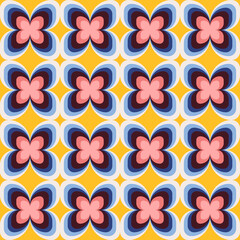 Vintage geometric floral seamless pattern. Retro 70s nostalgic simple shaped groovy flowers with circles colorful background.