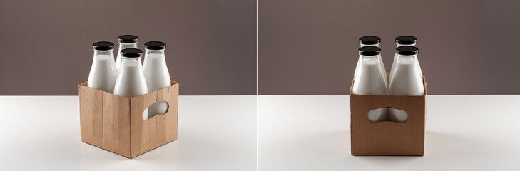 Packaging for dairy products, glass bottles for milk on a white background. Unmarked bottles filled with milk. Bottles in a cardboard box.