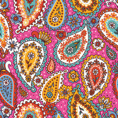 Traditional Indian boteh ornamental textile design. Colorful paisley print. Abstract psychedelic Buta seamless pattern . Hand drawn vector background.