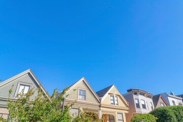 Gable roofs of complex residential neighborhood in San Francisco, California