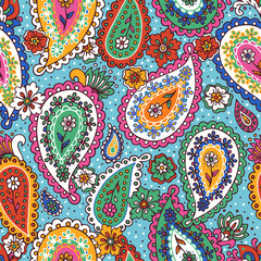 Traditional Indian boteh ornamental textile design. Colorful paisley print. Abstract psychedelic Buta seamless pattern . Hand drawn vector background.