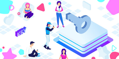 Key isometric design icon. Vector web illustration. 3d colorful concept