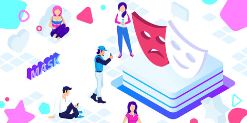 Mask isometric design icon. Vector web illustration. 3d colorful concept