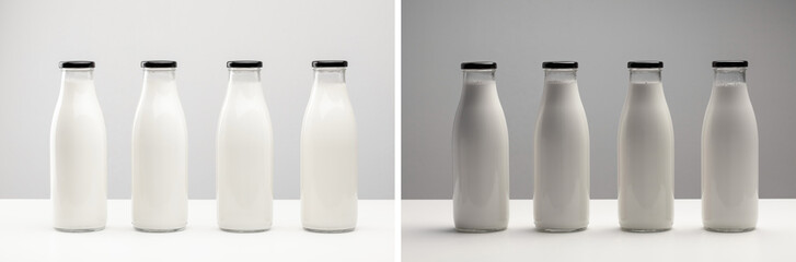 Packaging for dairy products, glass bottles for milk on a white background. Unmarked bottles filled with milk. Bottles under different lighting.