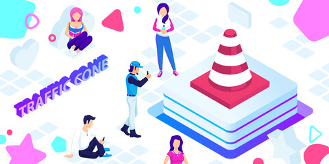Traffic cone isometric design icon. Vector web illustration. 3d colorful concept