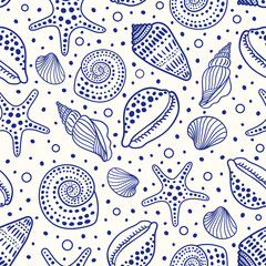 Sea shells, fossils, mollusks and starfish seamless pattern. Summer beach hand-drawn seaside vector print. Fashion textile monochrome blue and white colors. Seashore elements design for fabrics