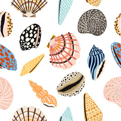 Sea shells, fossils and mollusks seamless pattern. Summer beach hand-drawn seaside vector print. Fashion textile bright multicolored illustration. Seashore elements design for fabrics, wallpaper