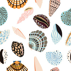 Sea shells, fossils and mollusks seamless pattern. Summer beach hand-drawn seaside vector print. Fashion textile bright multicolored illustration. Seashore elements design for fabrics, wallpaper
