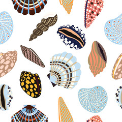 Sea shells, fossils and mollusks seamless pattern. Summer beach hand-drawn seaside vector print. Fashion textile bright multicolored illustration. Seashore elements design for fabrics, wallpaper