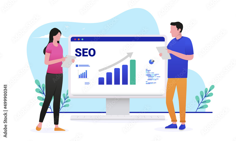 Leinwandbilder SEO business people working in front of desktop computer screen with graph showing growth. Flat design vector illustration with white background