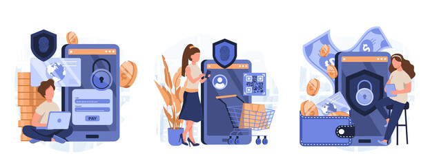 Fototapeta premium Secure payment concept set. Protection of financial data and banking transactions. People isolated scenes in flat design. Vector illustration for blogging, website, mobile app, promotional materials.