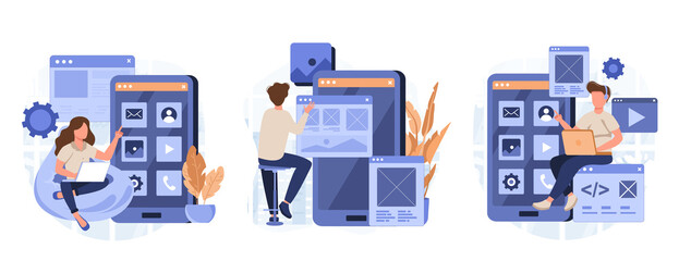 Fototapeta premium App development concept set. Developers write code, testing, create page layout. People isolated scenes in flat design. Vector illustration for blogging, website, mobile app, promotional materials.