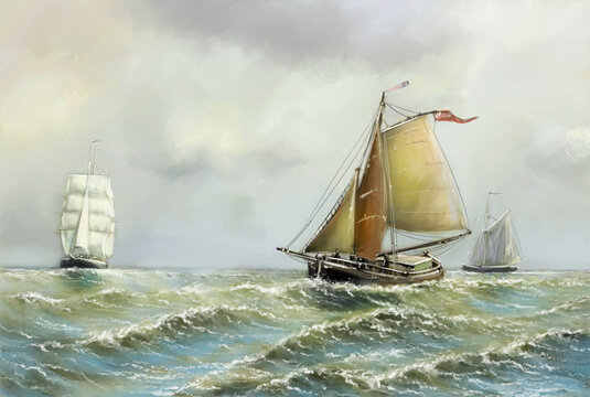 Old sailing ship in the sea. Digital oil paintings sea landscape, fisherman.