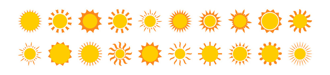 Sun vector icon, summer symbol, sunshine set, yellow solar star isolated on white background. Weather simple illustration