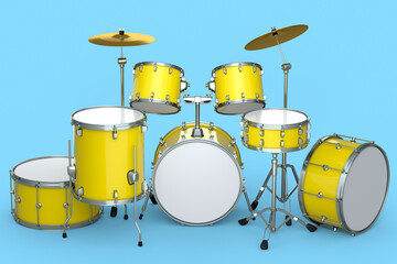 Obraz na płótnie Canvas Set of realistic drums with metal cymbals or drumset on blue background