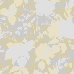 Seamless pattern with floral silhouettes and herbs in beige and gray shades