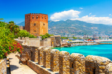 Panoramic view of the harbor of Alanya on a beautiful summer day. Alanya, Turkey  - obrazy, fototapety, plakaty