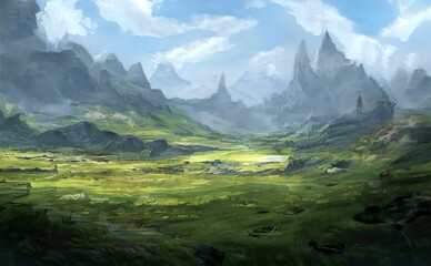 Fantastic Epic Magical Landscape of Mountains. Summer nature. Mystic Valley. Artwork sketch. Gaming background. Gray rocks and green plain. Castle ruins and fog. Celtic Medieval forest. 