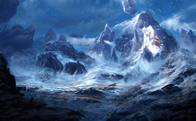 Fantastic Winter Epic Magical Landscape of Mountains. Celtic Medieval forest. Frozen nature. Glacier in the mountains. Mystic Valley. Artwork sketch. Gaming background. Book Cover and Poster.  
