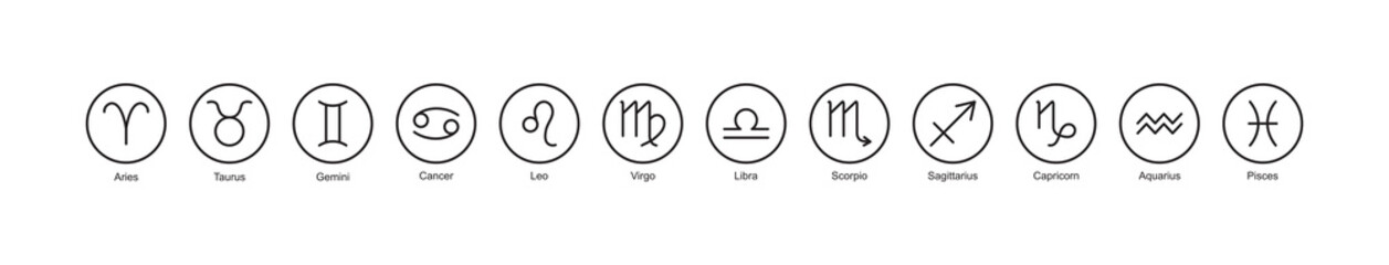 Zodiac sign vector, horoscope icon, astrology star symbol, twelve element set, black circle pictogram isolated on white background. Simple line illustration
