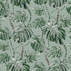 Seamless pattern with Monstera Home flower painted in watercolor on a green background