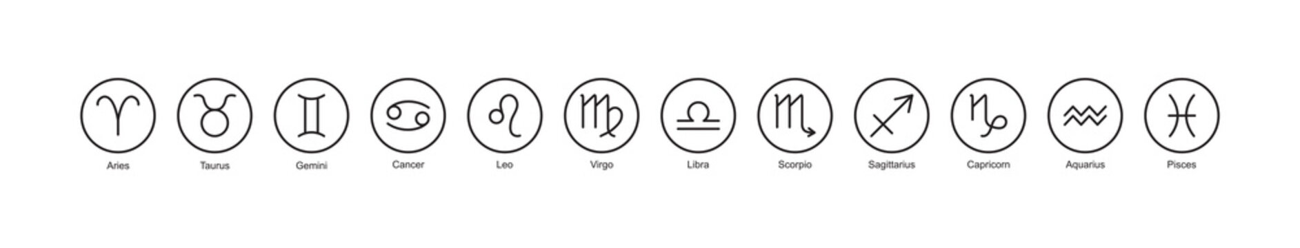 Zodiac sign vector, horoscope icon, astrology star symbol, twelve element set, black circle pictogram isolated on white background. Simple line illustration