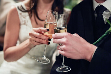 Sharing the first toast as Mr and Mrs. Cropped shot of a newlywed couple toasting with wine on...